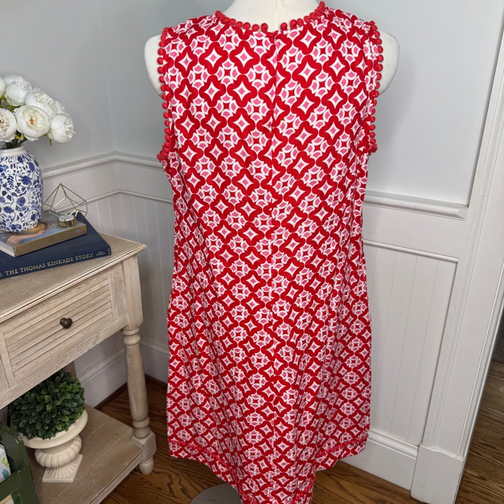Boden Red Geometric Pom Pom Trim Shift Dress Womens 12R Pink White Sleeveless - Picture 3 of 6